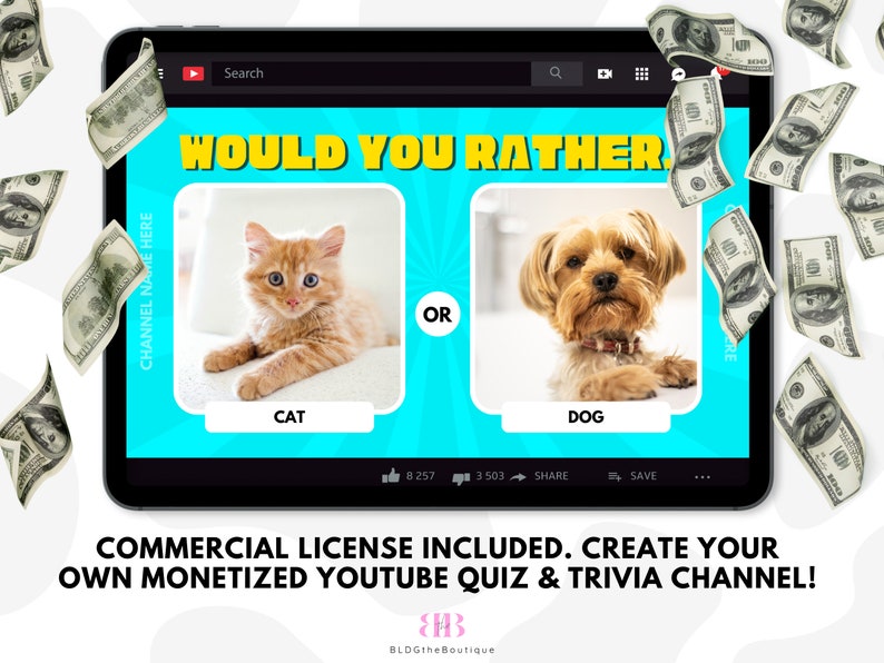 Op de afbeelding: Een tablet-scherm toont een "Would You Rather"-quiz met een foto van een kat en een hond. De tekst "COMMERCIAL LICENSE INCLUDED. CREATE YOUR OWN MONETIZED YOUTUBE QUIZ & TRIVIA CHANNEL!" wordt onder het scherm weergegeven.