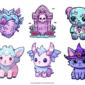May include: Set of six cute cartoon illustrations featuring a heart with vines, a spooky tombstone, a zombie teddy bear, a fluffy lamb, a unicorn, and a witch cat. The illustrations are in a pastel color palette with purple, blue, and pink accents.