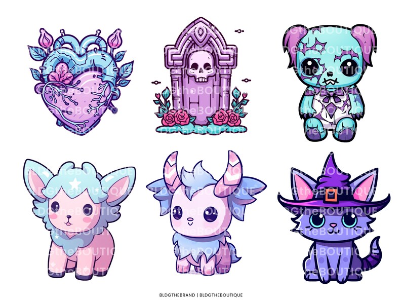 May include: Set of six cute cartoon illustrations featuring a heart with vines, a spooky tombstone, a zombie teddy bear, a fluffy lamb, a unicorn, and a witch cat. The illustrations are in a pastel color palette with purple, blue, and pink accents.
