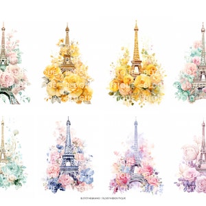 May include: Six watercolor illustrations of the Eiffel Tower surrounded by flowers. Each illustration features a different color palette: pink, yellow, blue, green, purple, and light pink.