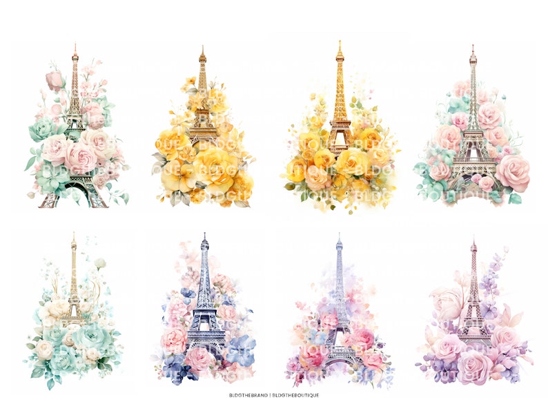 May include: Six watercolor illustrations of the Eiffel Tower surrounded by flowers. Each illustration features a different color palette: pink, yellow, blue, green, purple, and light pink.