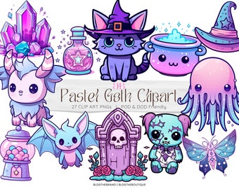 Creepy Kawaii Pastel Goth PNG Files, Halloween Clipart Bundle, Halloween Sublimation Design Cat Witch, Cute Halloween Clip Art Spooky Season