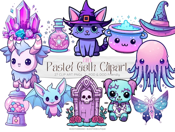 Creepy Kawaii Pastel Goth PNG Files, Halloween Clipart Bundle, Halloween Sublimation Design Cat Witch, Cute Halloween Clip Art Spooky Season