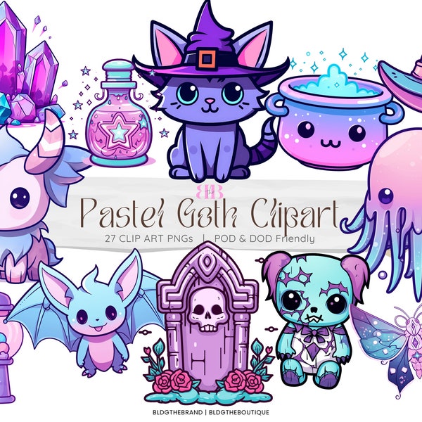 Creepy Kawaii Pastel Goth PNG Files, Halloween Clipart Bundle, Halloween Sublimation Design Cat Witch, Cute Halloween Clip Art Spooky Season