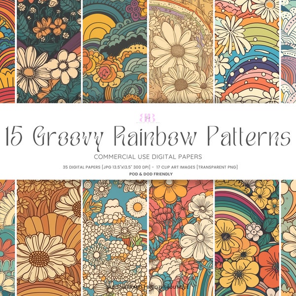 Retro Digital Paper Pack 70s Seamless File, Groovy Print on Demand Commercial Use Repeating Pattern for Fabric Daisies Print Rainbow Hippie