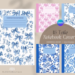 May include: Set of 16 printable notebook covers featuring toile patterns in blue and white, with a pink and white toile pattern. The covers are labeled "Composition Notebook".