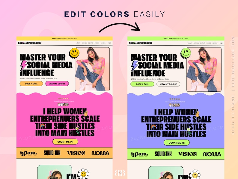 Canvaコーチングウェブサイトテンプレート、レトロなソーシャルメディアマネージャー、ライフコーチエージェンシー、インフルエンサー、VA、大胆なセールスファネル、抽象的なワンページウェブサイト 画像 9