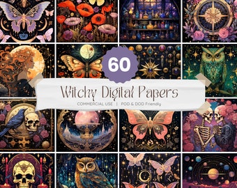Witchy Digital Paper Pack, Celestial Moth Sublimation Designs, Tarot Aesthetic, Resellable Esoteric Wall Art, Enchanted Owl PNG, Mystical