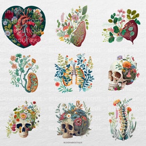 May include: Nine digital illustrations of human organs, such as the heart, lungs, and spine, with floral arrangements growing from them. The organs are depicted in a realistic style, while the flowers are stylized and colorful.