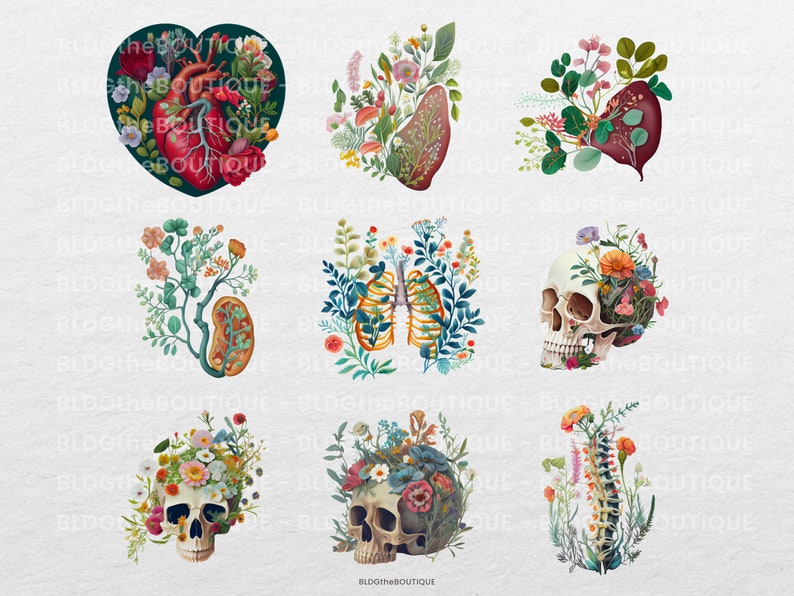 May include: Nine digital illustrations of human organs, such as the heart, lungs, and spine, with floral arrangements growing from them. The organs are depicted in a realistic style, while the flowers are stylized and colorful.