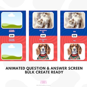 May include: Three animated question and answer screens with a blue and red background. The first screen has a green hill and a white cloud. The second screen has a picture of two cats. The third screen has a picture of a dog wearing a red and green sweater.