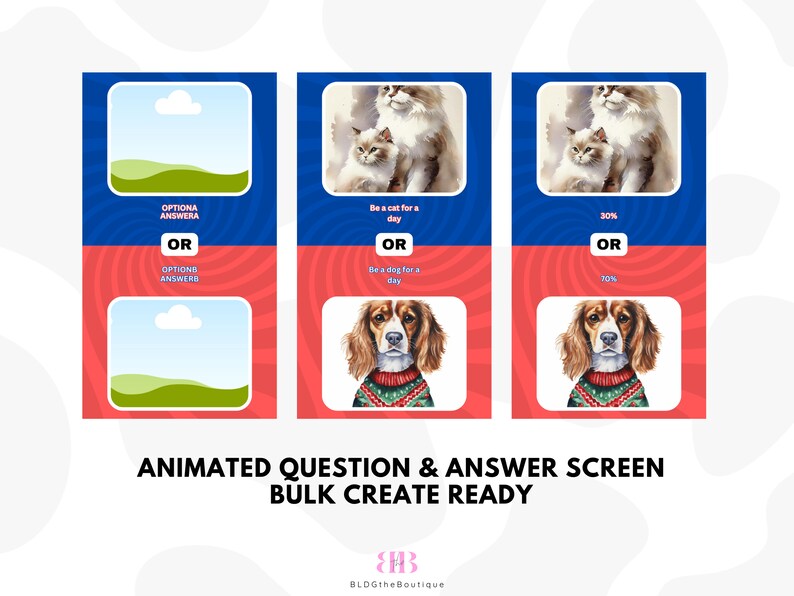 May include: Three animated question and answer screens with a blue and red background. The first screen has a green hill and a white cloud. The second screen has a picture of two cats. The third screen has a picture of a dog wearing a red and green sweater.