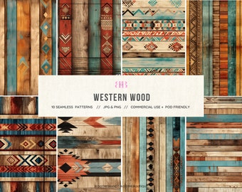 Western Wood Grain Seamless Digital Paper Pack for Sublimation, Grunge Southwestern Cowgirl Repeating Pattern, Aztec, Navajo, Commercial Use