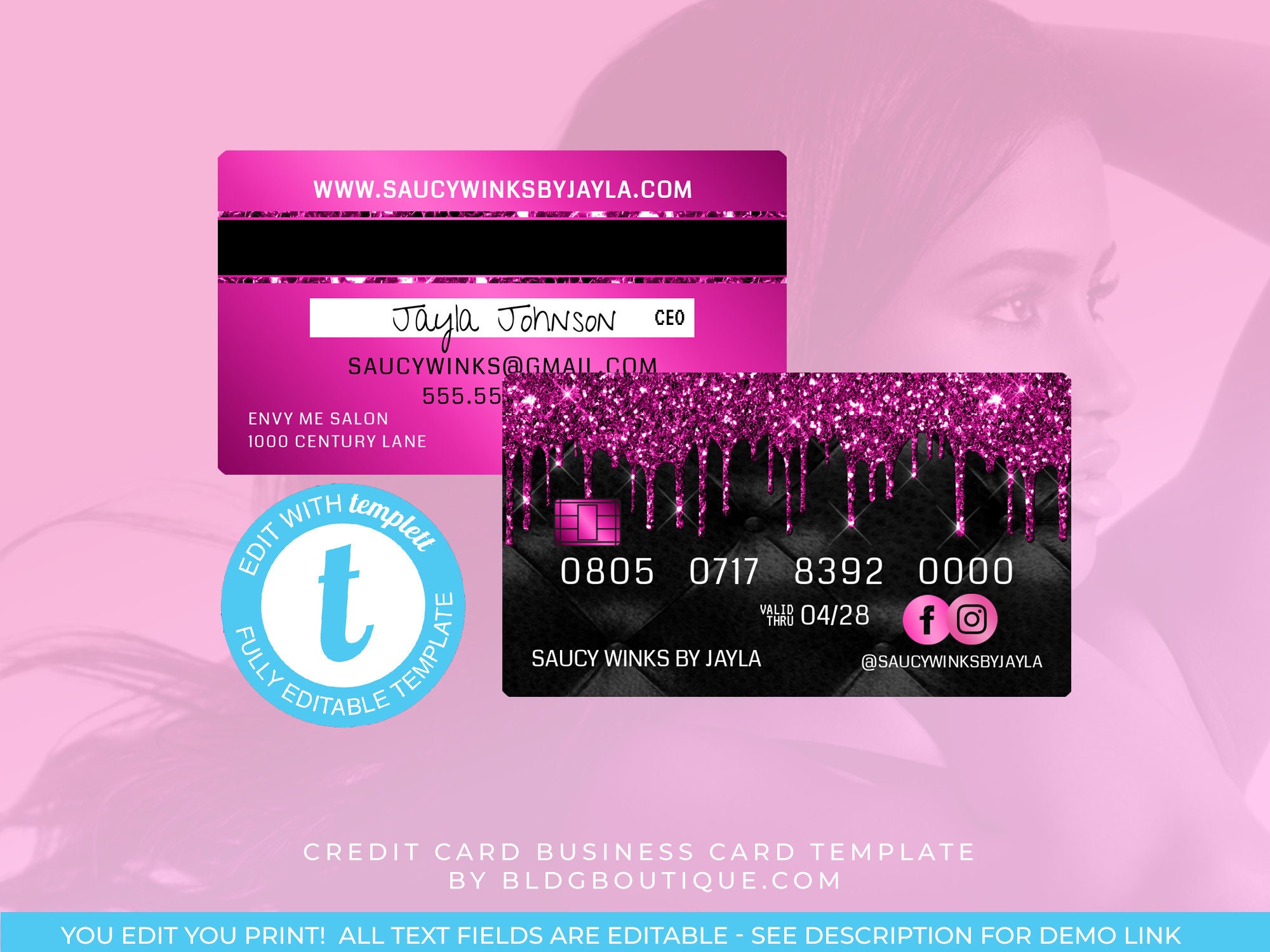 Hot Pink Credit Card Business Card Template Hair Extensions - Etsy