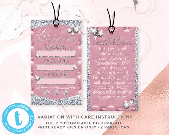 Diy Pink Hair Hangtags Template Hair Bundles Tag Hair Business Marketing Hair Extensions Branding Templett Silver Glitter Hang Tag