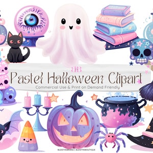 Pastel Halloween Clipart Bundle, Commercial Use Cute Halloween PNG Clip Art, Sublimation, Pumpkin, Skull, Sheet Ghost, Witch Hat, Cauldron