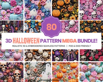 3d Halloween Pattern Mega Bundle, Fall Pumpkin, Cute Pastel Halloween Seamless Digital Paper, Embroidery Skull & Skeleton Repeating File PNG