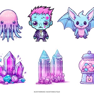 May include: A set of six cartoon illustrations featuring a purple and pink jellyfish, a zombie with a purple mohawk, a blue bat with pink accents, a cluster of purple and blue crystals, a pair of purple and blue crystals, and a pink and blue gumball machine.