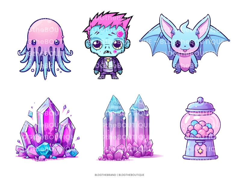 May include: A set of six cartoon illustrations featuring a purple and pink jellyfish, a zombie with a purple mohawk, a blue bat with pink accents, a cluster of purple and blue crystals, a pair of purple and blue crystals, and a pink and blue gumball machine.