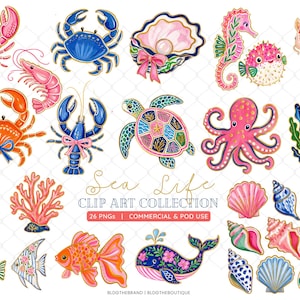 May include: A digital collection of sea life illustrations featuring a pink lobster, blue crab, pearl in a shell, seahorse, pufferfish, koi fish, orange crab, blue lobster, sea turtle, octopus, seaweed, jellyfish, coral, shells, and a whale.