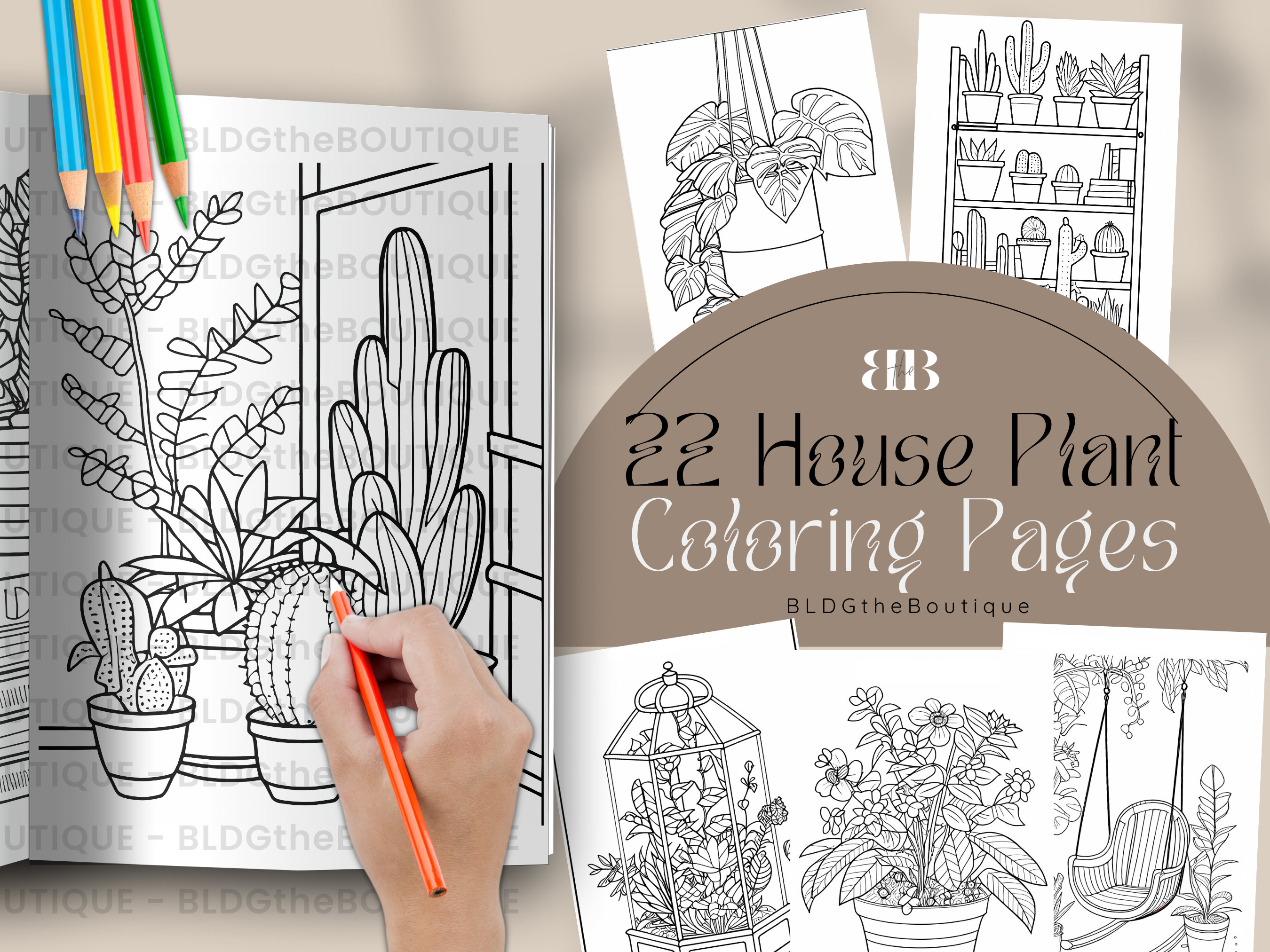 Watercolor Coloring Book House Plants Handmade Illustration Adult