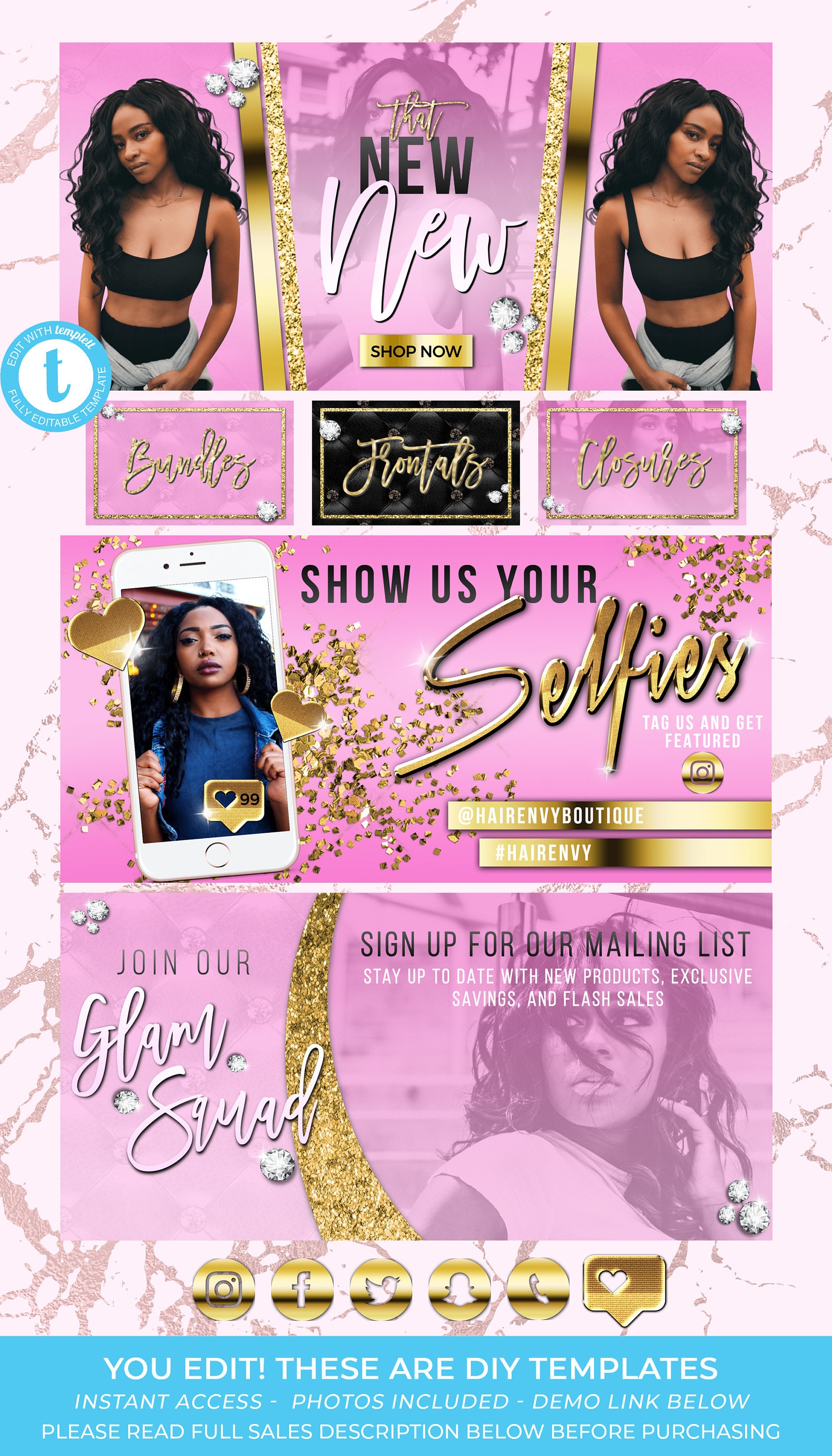 Hair Extensions Business Website Kit Shop Banner Templates Etsy