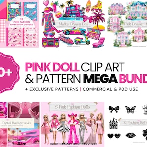 Rosa Modepuppe PNG Mega Bundle, Gingham Nahtlose Muster, Malibu Clipart, Schwarzer Freitag Verkauf, Clip Art, SVG, Sublimation, Cyber Monday