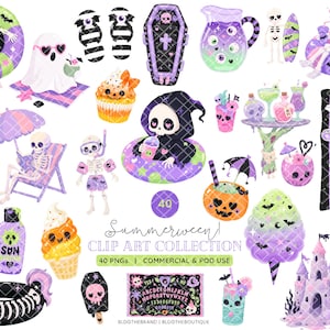 Peut inclure: Une collection numérique de 40 illustrations clip art Summerween représentant des squelettes, des fantômes et des motifs effrayants en violet, vert et orange. Inclut un cercueil, des accessoires de plage, des boissons, des snacks et une planche Ouija.