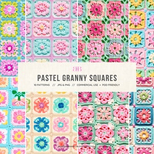 May include: Ten pastel coloured crochet granny squares with floral designs. The squares are arranged in a grid pattern. The text "PASTEL GRANNY SQUARES" is at the top of the image. The text "10 PATTERNS // JPG & PNG // COMMERCIAL USE + POD FRIENDLY" is below the title. The text "BLDOTHEBRAND I BLDG THE POUTIQUE" is at the bottom of the image.