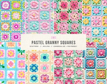 Crochet Seamless Pattern, Granny Square PNG, Digital Paper Pack,  Scrapbook Background, Pastel, Commercial Use Repeating File, Boho