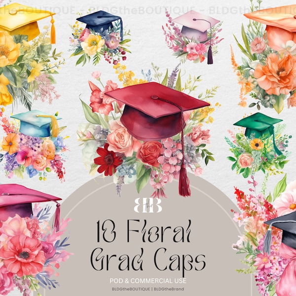 Grad Cap Clipart Commercial Use PNG Bundle Graduation Cap Clip Art Watercolor Floral PNG Files for Woman, Print on Demand, Download Graphic