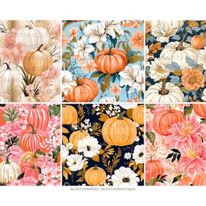 May include: A seamless pattern featuring orange pumpkins with white and pink flowers on a variety of backgrounds, including blue, pink, and black.