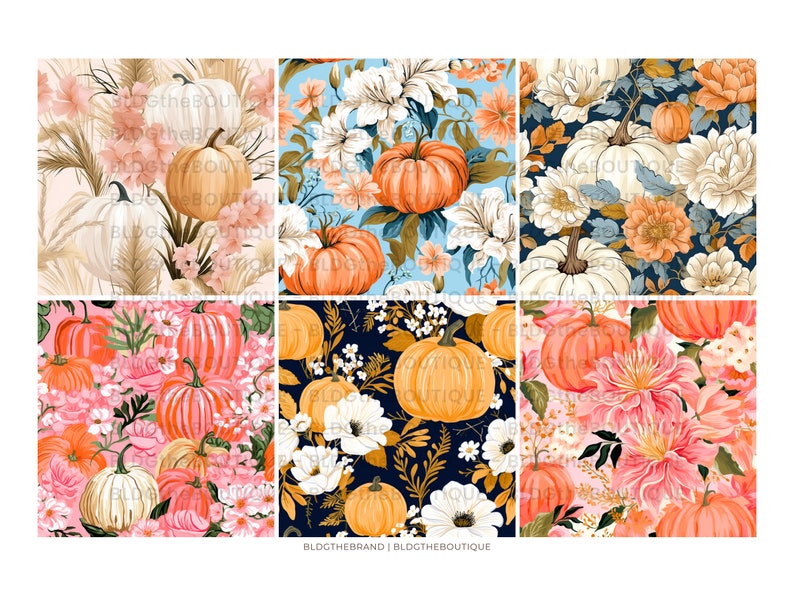 May include: A seamless pattern featuring orange pumpkins with white and pink flowers on a variety of backgrounds, including blue, pink, and black.