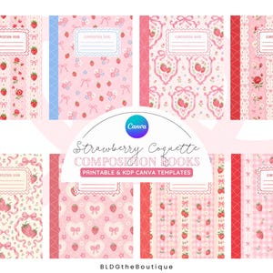 May include: Eight composition books featuring pink backgrounds with strawberry, ribbon, and lace patterns. Each cover includes a white label with the text COMPOSITION BOOK. A central graphic displays the text Strawberry Coquette COMPOSITION BOOKS.