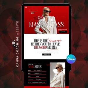 May include: A tablet screen shows a website design with a red, white, and black colour scheme. The website promotes a social masterclass and features the text "This is the Universe telling you to leave the grind behind."