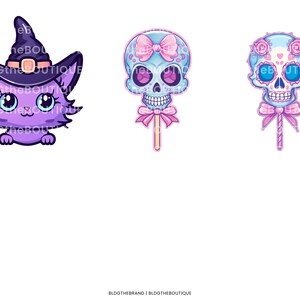 May include: Three cute Halloween-themed lollipops. A purple cat wearing a witch's hat, a blue and pink skull with a bow, and a blue and pink sugar skull with flowers.