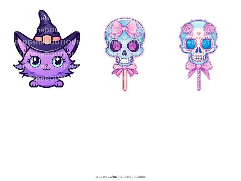 May include: Three cute Halloween-themed lollipops. A purple cat wearing a witch's hat, a blue and pink skull with a bow, and a blue and pink sugar skull with flowers.