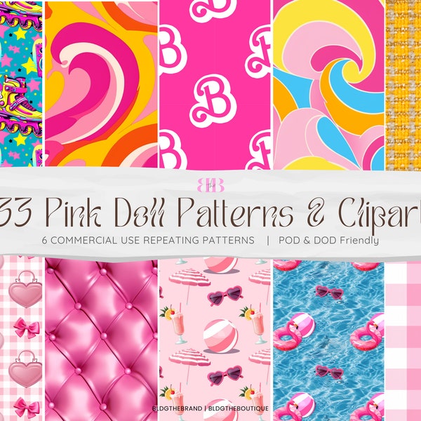 Barb Seamless Patterns, Fashion Doll Pink Digital Paper Pack, Barb Pink Doll PNG, Malibu Dream Clip Art, Girly Princess Repeating Patterns