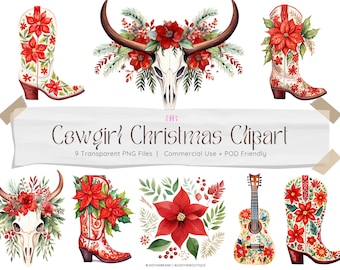 Cowgirl Christmas PNG, Christmas Cowboy Boots PNG, Bull Skull, Longhorn Skull, Commercial Use Clipart, Holiday Clip Art, Poinsettia
