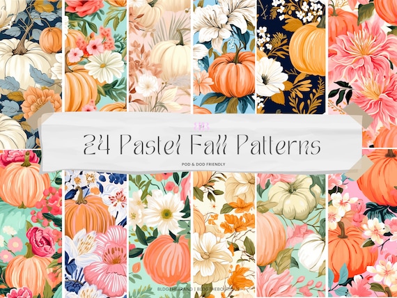 Fall Pastel Floral Patterns, Fall Seamless Digital Paper Pack, Pumpkin Pattern, Autumn Print, Watercolor Repeating Pattern, Boho Shabby Chic