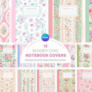 May include: A collection of twelve notebook covers featuring floral patterns, pink bows, and striped designs. Each cover includes a central label with the text COMPOSITION BOOK. The image displays various layouts with pastel color palettes.