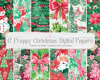 Preppy Christmas Digital Paper, Preppy Christmas Seamless Pattern for Fabric, Commercial Use, Scrapbook Paper, Repeating File, Red, Green