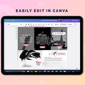 以下が含まれることがあります： 黒いタブレットには、「EASILY EDIT IN CANVA」というテキストが表示されたウェブサイトのデザインが表示されています。ウェブサイトのレイアウトには、「1-ON-1 COACHING」や「GROUP COACHING」などのコーチングサービスのセクションが含まれており、ピンクのアクセントと白黒の葉のグラフィックが使用されています。