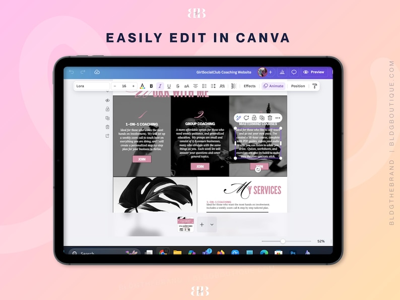 以下が含まれることがあります： 黒いタブレットには、「EASILY EDIT IN CANVA」というテキストが表示されたウェブサイトのデザインが表示されています。ウェブサイトのレイアウトには、「1-ON-1 COACHING」や「GROUP COACHING」などのコーチングサービスのセクションが含まれており、ピンクのアクセントと白黒の葉のグラフィックが使用されています。