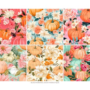 May include: A seamless pattern featuring orange pumpkins and pink, white, and green flowers. The background is a light blue, pink, or green colour.