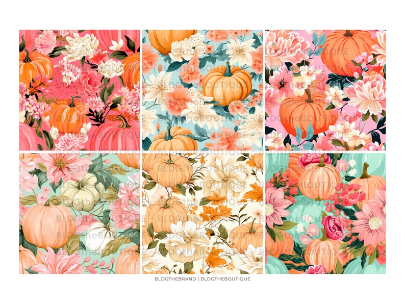 May include: A seamless pattern featuring orange pumpkins and pink, white, and green flowers. The background is a light blue, pink, or green colour.