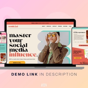 以下が含まれることがあります： ラップトップ、タブレット、スマートフォンには、「master your social media influence」というテキストが表示されたウェブサイトが表示されています。ウェブサイトにはメガネをかけた女性がいます。携帯電話とタブレットには、さまざまなウェブページが表示されます。「DEMO LINK IN DESCRIPTION」というテキストが一番下にあります。