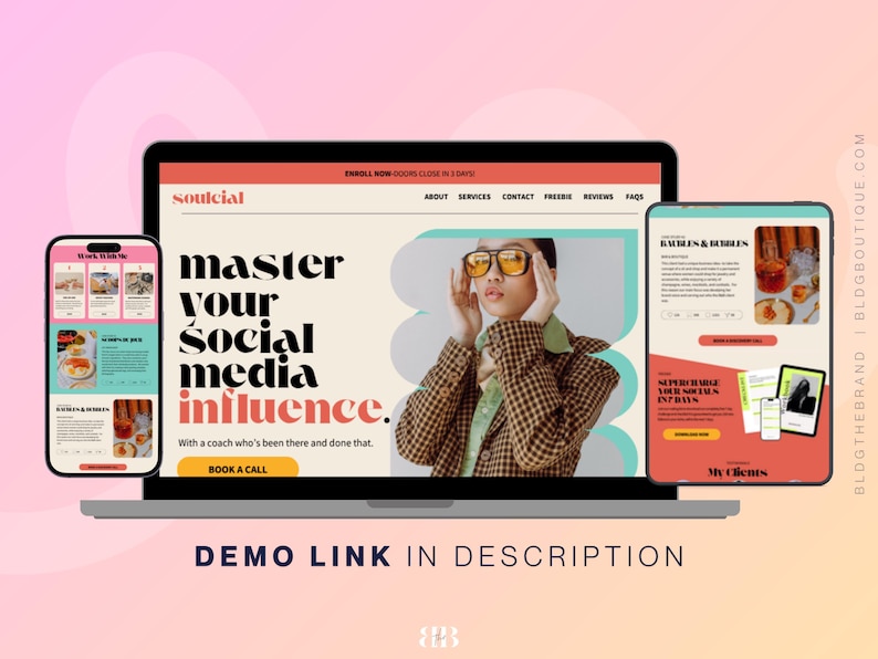 以下が含まれることがあります： ラップトップ、タブレット、スマートフォンには、「master your social media influence」というテキストが表示されたウェブサイトが表示されています。ウェブサイトにはメガネをかけた女性がいます。携帯電話とタブレットには、さまざまなウェブページが表示されます。「DEMO LINK IN DESCRIPTION」というテキストが一番下にあります。