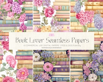 Book Lover Seamless Patterns for Fabric, Watercolor Floral Vintage Book Digital Paper Pack Repeating File Commercial Use License Bookworm