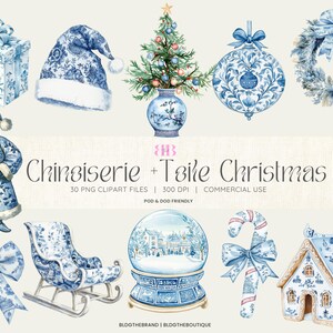 Chinoiserie Christmas Clipart, Toile Azul Natal PNG, Grandmillenial Clip Art, Quebra-nozes PNG, Laço Coquete, Homem-Biscoito, Sublimação
